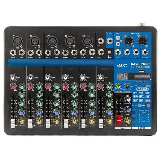 Mesa de Som 7 canais MXT Nag7 DSP USB Bluetooth MP3 24 Efeitos DSP XLR P10 48V Phantom Mixer Profissional controlador