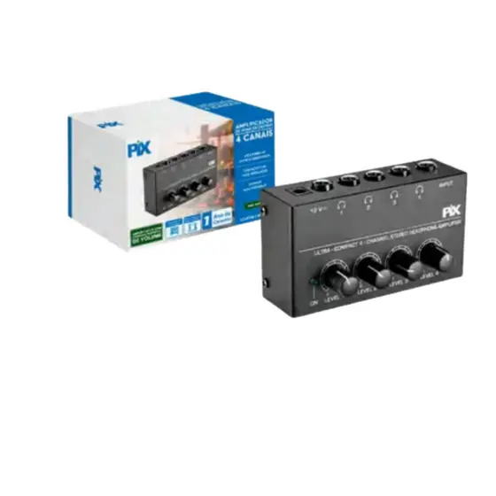 Amplificador de Fone de Ouvido PIX 4 Canais para 4 Fones Simultâneos Compacto Áudio de Alta Fidelidade