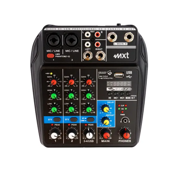 Mesa de Som 4 Canais MXT MX-4BT USB Bluetooth MP3 Pendrive Interface PC EFX Reverb Equalizador XLR Combo Compacta