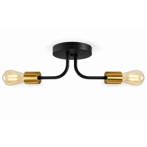 Lustre Industrial Moderno 2 Lâmpadas E27 Preto Dourado Sala Quarto Retrô Vintage LED