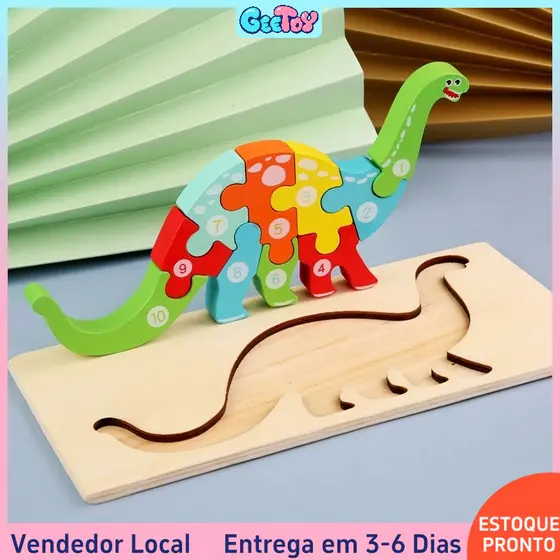 Quebra-Cabeça de Dino 3D em Madeira - Brinquedo Educativo Montessori para Bebês e Crianças Pequenas