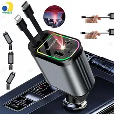Carregador Retrátil para Carro 4 em 1 com Luz LED 180° Ajustável e Cabo Flexível para iPhone Android