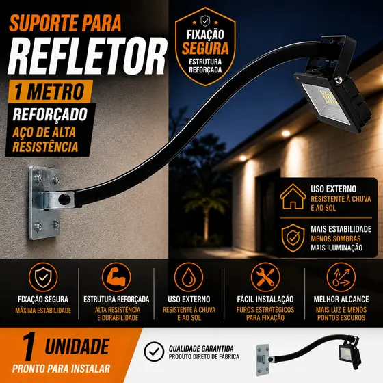 4x Haste Suporte Refletor 1m Fixação Parede Externa Aço Reforçado