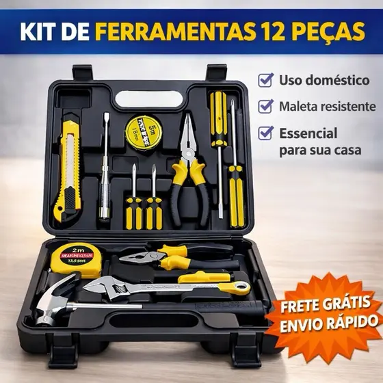 Kit Ferramentas 12 Peças Completo com Maleta – martelo Alicate Chaves