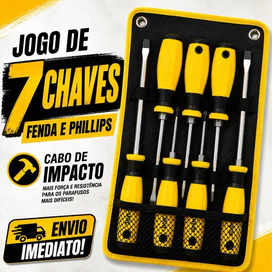 CONJUNTO DE 7 CHAVES DE FENDA E PHILLIPS COM CABO DE IMPACTO E FUNÇÃO DE MARTELO PROFISSIONAL