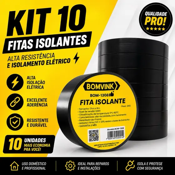 Kit 10 Fitas Isolantes Profissional | Forte, Resistente e Antichamas