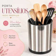 Porta talher Utensílios Giratório Inox Premium com Dreno e Fundo Removível |Organizador de Talheres Cozinha,envio rápido