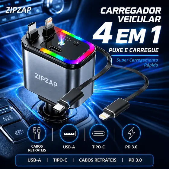 Carregador de carro retrátil com luz LED, carregador de carro rápido 4 em 1 de 120 W para iPhone e Android