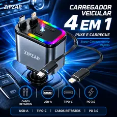Carregador de carro retrátil com luz LED, carregador de carro rápido 4 em 1 de 120 W para iPhone e Android