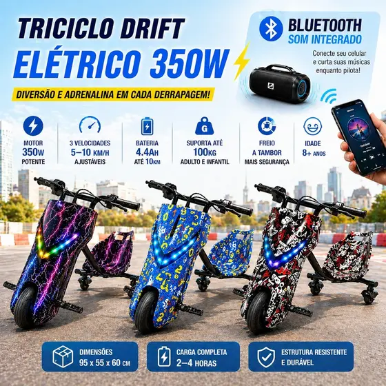 Triciclo Drift Elétrico 350W  até 100kg | Infantil e Adulto | 3 Velocidades - Bluetooth
