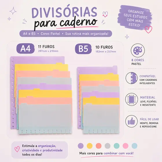 ZIPZAP Refil 80 Folhas + Kit 8 Divisórias Compatível com Caderno Inteligente A4 A5 B5