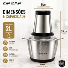 Multiprocessador Elétrico 2L/3L Inox Triturador de Alimentos 4 Lâminas 127V/220V ZIPZAP