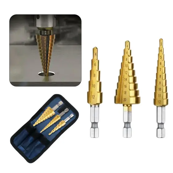 Kit Conjunto 3 Broca Escalonada de Aço de Alta Velocidade Profissional com Gradação e Fixação 6mm