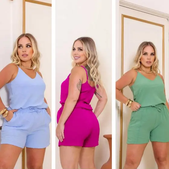 CONJUNTO FEMININO SHORT + REGATA DUNA CINTURA ALTA TENDEMCIA VERAO 2025