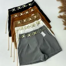 Short Feminino Estiloso Alfaiataria Cintura Alta com Cinto Corrente Tendência Verão