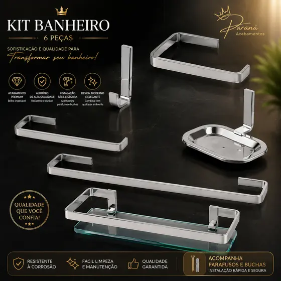 Kit Acessorio Para Banheiro Com 6 Peças Quadrado Todo Metal