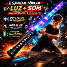 Espada Ninja Samurai Infantil 70cm LED Luz e Som Sensor Movimento Katana Brinquedo