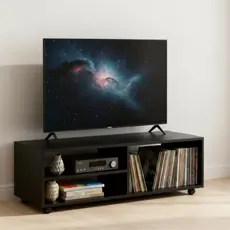 Aparador Hack Rack Baixo Rodízios TV 43 Polegadas Nichos Organizador Sala Quarto Portátil Preto MDP