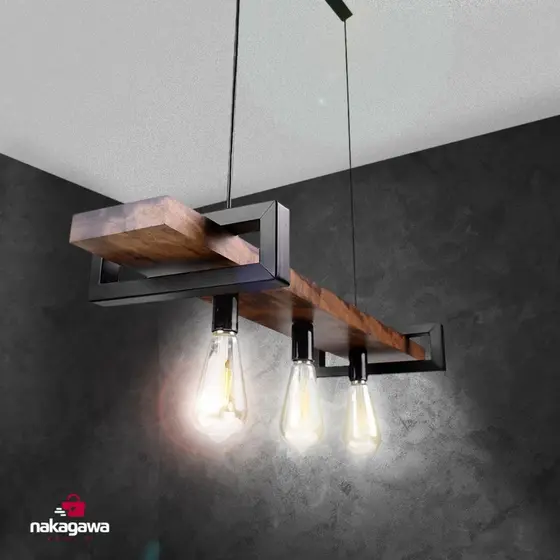 Luminaria Metal e Madeira 79x25cm 3 Lampadas