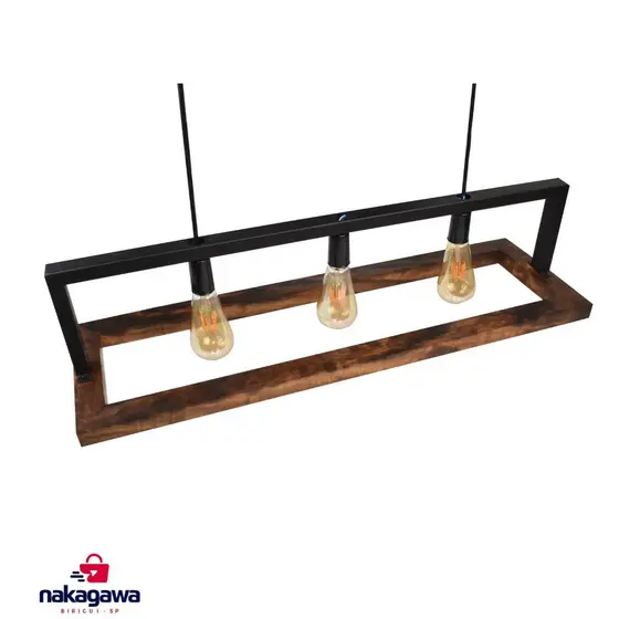 Luminaria Metal e Madeira 78x24cm Esquadro 3 Lampadas