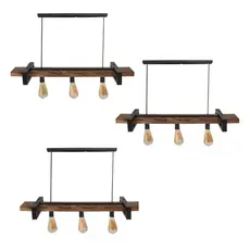 Kit 3 Luminária Pendente Tripla Rústica Artesanal em Metal e Madeira 79cm para 3 Lâmpadas Imbuia