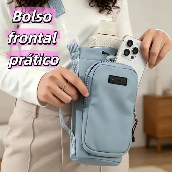 Bolsa Porta Garrafa com bolso para celular e chaves impermeável, alça regulável para passeios ao ar livre e dia a dia