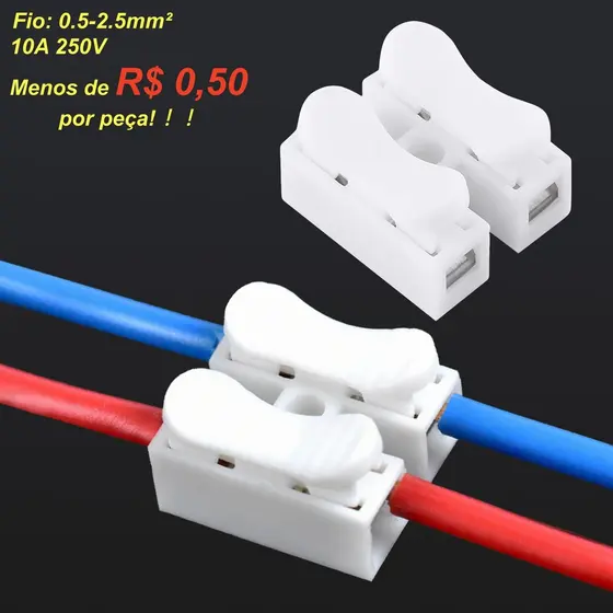 Kit 50pcs Conector de Pressão CH-2 2 Vias 2 em 2 Saída para Fios 0.5-2.5mm² Emenda Rápida sem Solda