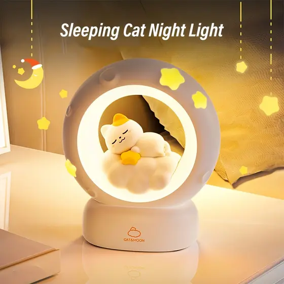 Luminária Noturna Abajur Gato fofo Estrelar - Luz Cabeceira Quarto Infantil, Luz Amamentação, Presente Menina
