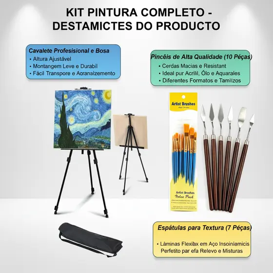 Kit Pintura Profissional Completo Cavalete Tripé + Pincéis + Espátulas Aquarela Acrílico Óleo Guache