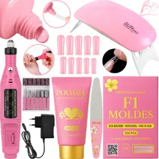 Kit Unha de Gel  Polygel Completo Manicure Iniciante Alongamento Cabine Sun Mini Unhas Poligel Molde F1 Lixa Lixadeira E
