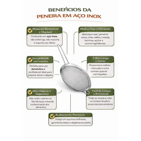 Peneira Inox 20cm Escorredor Polvilhar Cozinha Coador Multiuso