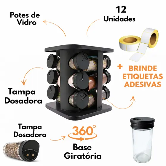 Porta Temperos e Condimentos Giratório Com 12 Potes de Vidro + Etiquetas Brinde