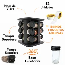 Porta Temperos e Condimentos Giratório Com 12 Potes de Vidro + Etiquetas Brinde