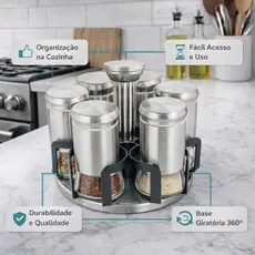 Porta Temperos 6 Potes 120ml de Vidro Condimentos Com Suporte Giratório Cozinha Tempero