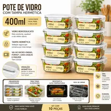 Kit Potes de Vidro Hermético 400ml Tampa Trava Marmita Refratária Forno Micro-ondas Freezer 10/4/2