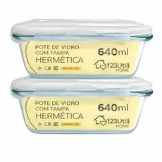 Kit 2 Potes de Vidro Hermético 640ml com Tampa Trava  Marmita de Vidro para Microondas, Freezer e Forno