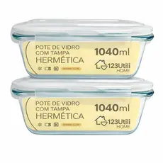 Kit 2 Potes Vidro Hermético 1040ml Tampa Vedação  Marmita Refratária Forno Micro-ondas
