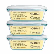 Kit 3 Potes Vidro Hermético 1040ml com Tampa Armazenamento Alimentos Marmita