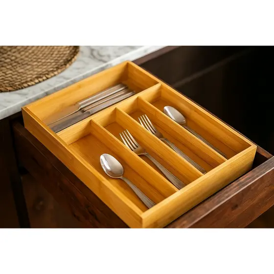 Organizador Porta Talher Bambu 5 Divisórias Alta Qualidade Bambu / Madeira