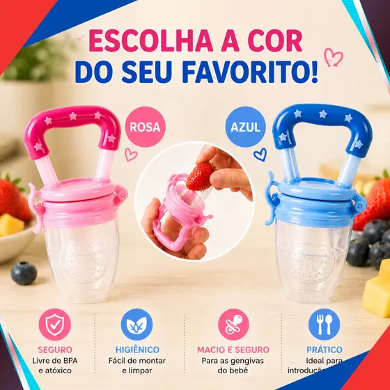 Chupeta Mordedor Alimentadora Bebê De Silicone Porta Fruta Azul e Rosa