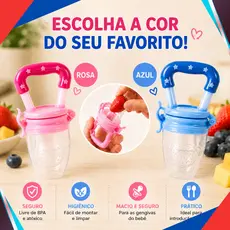 Chupeta Mordedor Alimentadora Bebê De Silicone Porta Fruta Azul e Rosa