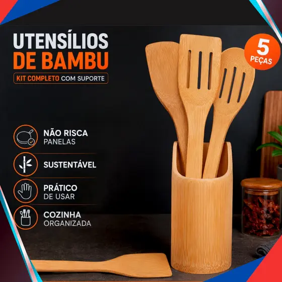 Kit 5 Utensílios de bambu Cozinha Casa Colher Espátula suporte Anti Fungos ENVIO IMEDIATO