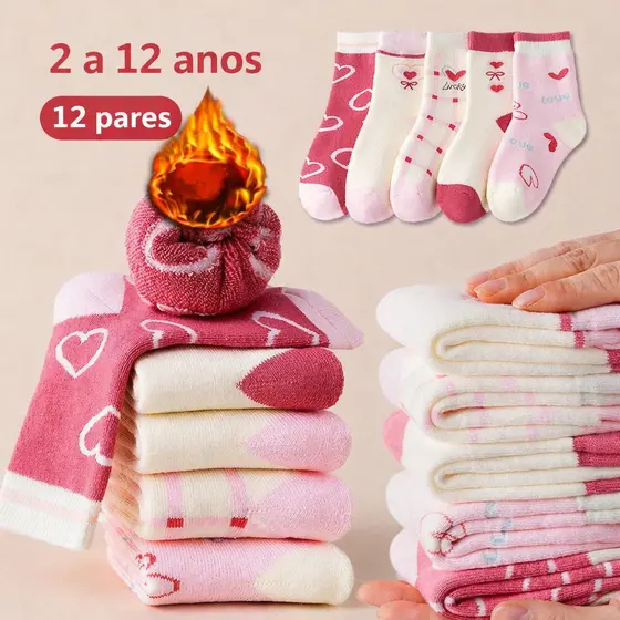 Kit Meias Infantil Menina Cano Longo Macio Confortável Escolar Estampada 2 a 12 Anos