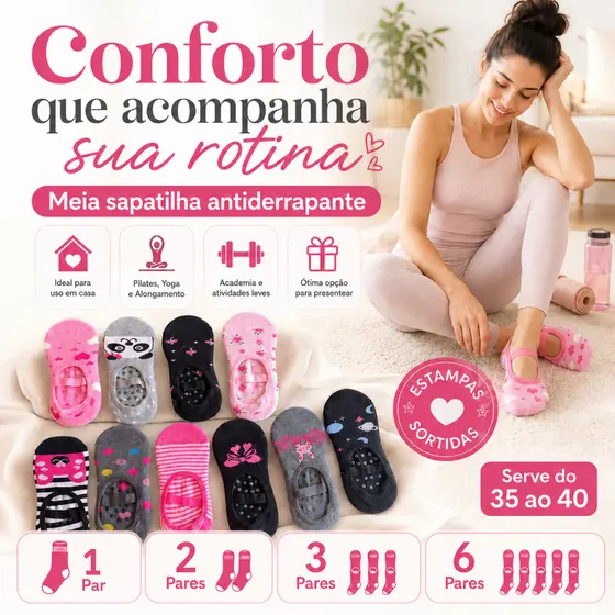 Kit Meias Pilates Antiderrapantes Femininas Estampas Sortidas Serve 35 Ao 40 Com Alça