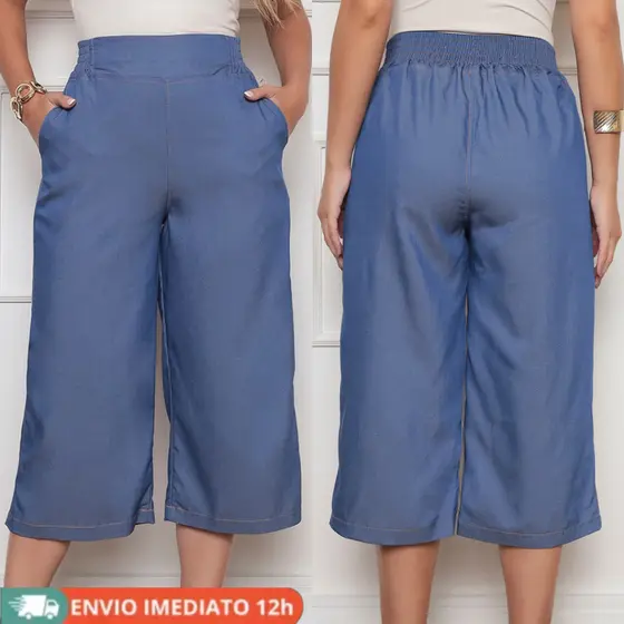 Calça Pantacourt feminina Jeans Tencel Cintura Alta Cávonfortel com Bolsos Plus Size