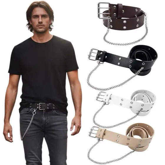 Cintos Unissex Masculino/Femininos Punk Rock Ilhós 51 + Correntinha Solta Prata Removível Estilo Rock - Donizete