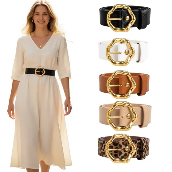 Cintos Femininos Fivela Dourada Redonda Orgânica Lançamento Da Moda Juvenil Casual Elegante - Suzi