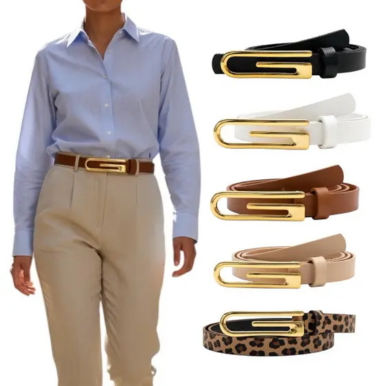 Kit 2 Cintos Femininos Fivela G Dourada Da Moda Blogueira Largura 1,5cm Várias Combinação Usar Com Vestido Casual - Ray