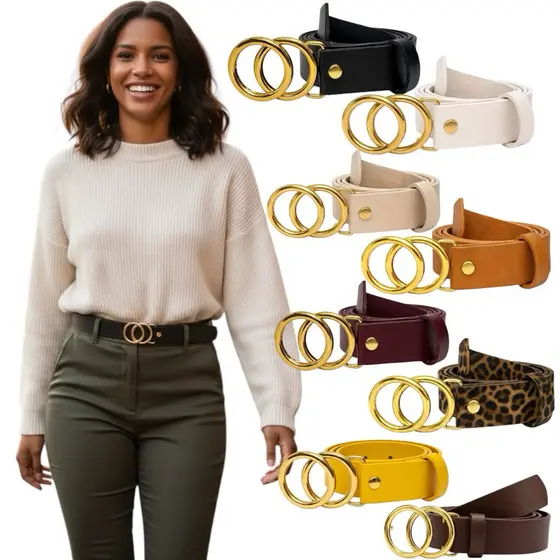 Kit 2 Cintos Femininos Fivela Dourada Dupla Variedade De Cores Largura 3.0cm Elegante Da Moda - Manuela