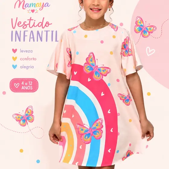 Vestido Infantil/Juvenil  Localizado Manga Confortável Exclusivo Lançamento 4 a 12 anos